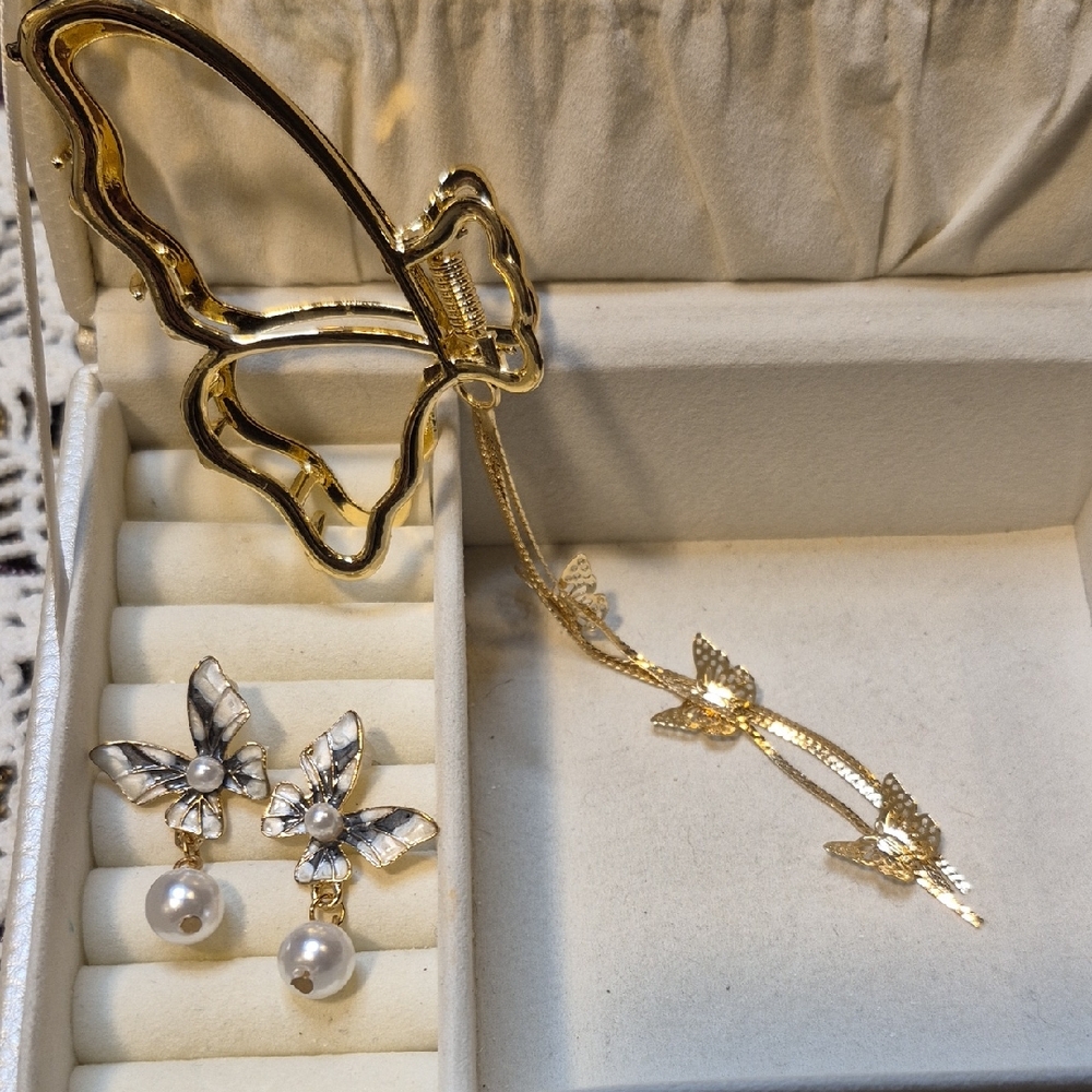 Gold Tone Metal Butterfly Hair Clip and Butterfly Enamel Pearl Earrings Set